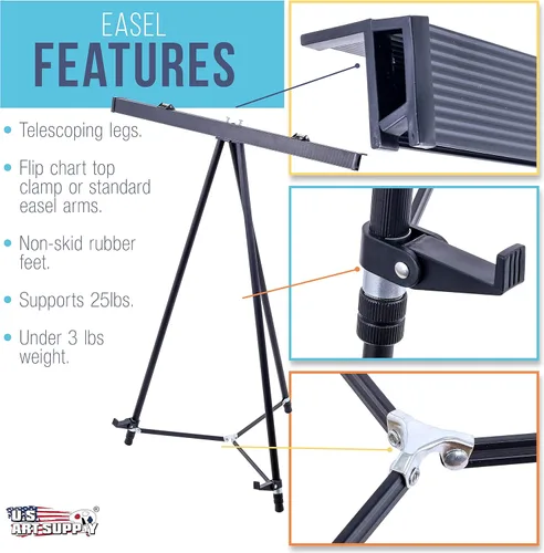 Miniatura 3 de U.S. Art Supply Caballete de aluminio negro de 66 pulgadas de alto para sala de juntas y soporte de presentación, piso / mesa ajustable, trípode