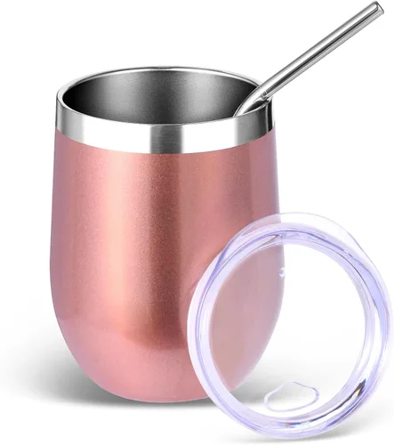 Miniatura 22 de Volhoply - Juego de 12 vasos de vino de 12 onzas con tapa, hechos de acero inoxidable con aislamiento al vacío de doble pared, vasos de vino sin Rosa