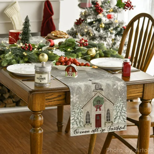 Miniatura 2 de Artoid Mode Camino de mesa de Navidad con diseño de árboles de Navidad y copos de nieve, decoración de mesa de cocina con lazo de moño para fiestas