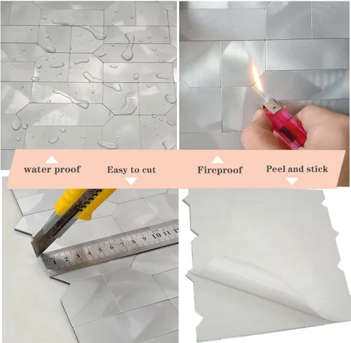 Miniatura 5 de XUANINY Azulejos de metal para salpicaduras de 5 hojas, autoadhesivas, múltiples formas, mosaico de aluminio 3D para decoración de cocina y baño