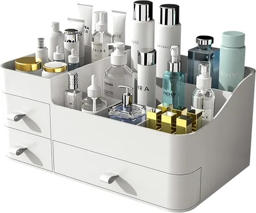 Miniatura 7 de Escritorio de maquillaje organizador de cosméticos con cajones para cepillos, sombra de ojos, lociones, lápiz labial y esmalte de uñas, ideal