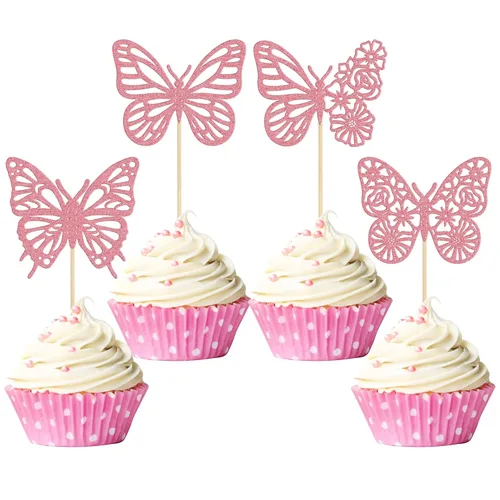 Miniatura 17 de Gyufise Paquete de 24 adornos de mariposa ensamblados con purpurina dorada, decoraciones de mariposa dorada, púas para cupcakes, bodas, 4-dorado