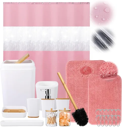 Miniatura 16 de Juego de accesorios de baño rosa con cortina de ducha y alfombras con purpurina, juegos de baño con alfombras de baño extrasuaves y absorbentes