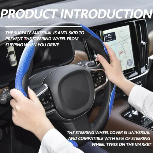 Miniatura 7 de 2 fundas de volante de fibra de carbono de ajuste universal, antideslizante, protector de volante segmentado, accesorios interiores de automóvil Azul