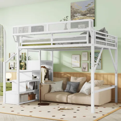 Miniatura 17 de Cama alta convertible de tamaño individual con escaleras de almacenamiento, estantes y armario, marco de cama de metal con barandilla de seguridad