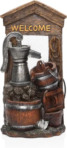 Alpine Corporation ZEN576S - Bomba de agua de diseño rústico para exteriores y fuente de suelo de barril, letrero de bienvenida, 24 pulgadas de