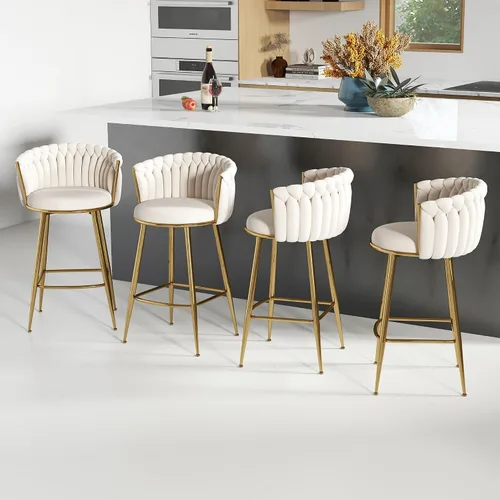 Miniatura 30 de ABET Taburete de Bar Dorado 1UN, Taburetes Giratorios de Terciopelo, Taburetes de Altura Ajustable con Respaldo Tejido, Taburetes de Cocina Modernos