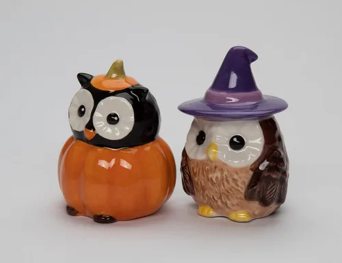 Miniatura 3 de Juego de salero y pimentero de cerámica fina para Halloween, búho bruja y calabaza, 2-7/8 pulgadas de alto