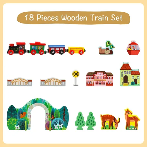 Miniatura 8 de Juego de tren de 18 piezas para niños pequeños, ferrocarril de mesa de madera para niños a partir de 3 años, juguetes de tren portátiles y duraderos
