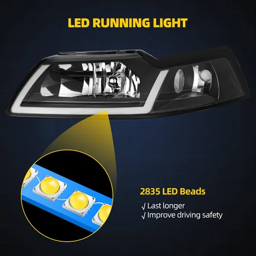 Miniatura 3 de DWVO Conjunto de Faros LED DRL Compatible con Ford Mustang 1999 2000 2001 2002 2003 2004 Reemplazo de Faros Par con Luz de Circulación Diurna