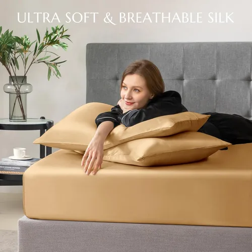 Miniatura 86 de THXSILK Juego de sábanas bajeras de 100% seda de morera, 3 piezas de seda 7A+, transpirable, suave, sábana bajera de 16 pulgadas de profundidad, 2