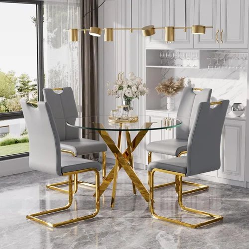 Miniatura 23 de Juego de mesa de comedor redonda moderna de vidrio de 36 pulgadas para 2, mesa de comedor de vidrio con patas cruzadas de metal, mesa de cocina