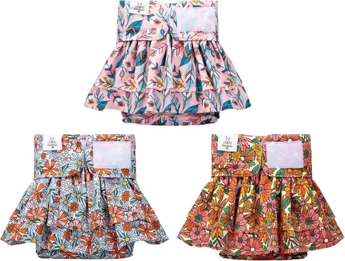 CuteBone Pañales para perras con faldas, paquete de 3 vestidos reutilizables para cachorros, pantalones para el período de ciclo de calor QBD12S
