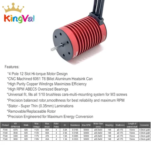 Miniatura 2 de KingVal Reemplazo F540 3000KV Eje de motor sin escobillas impermeable 0.125 in con 45A sin escobillas ESC Combo Compatible con 1/10 RC Car