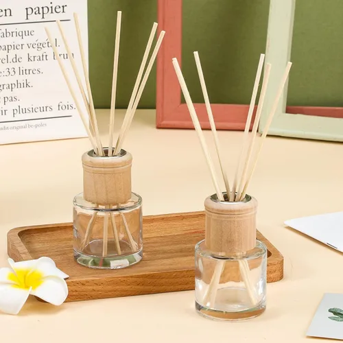 Miniatura 2 de Roshtia Juego de 2 botellas difusoras de varillas vacías recargables con fragancias de vidrio con tapas de madera, varillas de 1.7 onzas, tarros