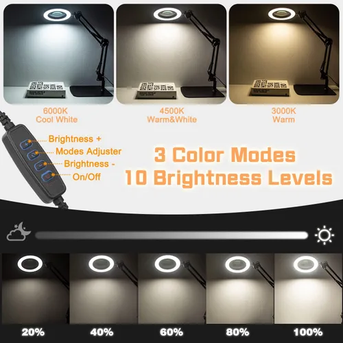 Miniatura 4 de Lupa con abrazadera de luz y base, lámpara de aumento de 15 x 10 X para escritorio, 72 lupas de lente de vidrio LED, 3 modos de color regulable