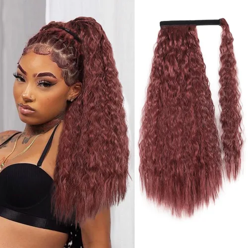 Miniatura 7 de Extensión de cola de caballo ondulada larga con pegamento mágico, resistente al calor, sintética, para envolver, cabello ondulado, para mujer