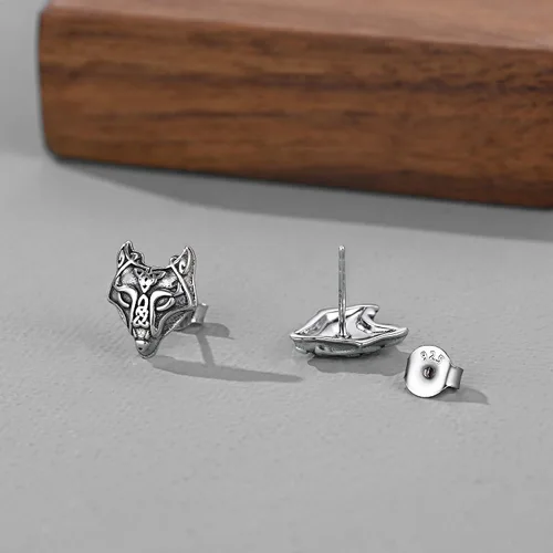 Miniatura 9 de FaithHeart Norse Vikingo Jewelry - Aretes de tuerca de plata de ley de acero inoxidable, lobo celtamartillo de Thors para mujeres y hombres, Acero