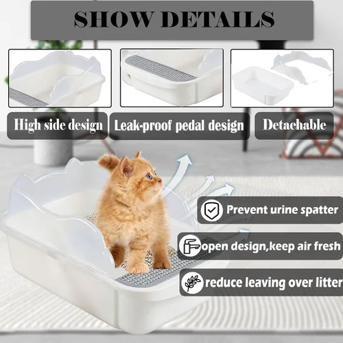 Miniatura 3 de kathson Caja de arena abierta para gatos con lado alto, bandeja de arena para gatos antisalpicaduras, inodoro para gatitos con cuchara de tamizar