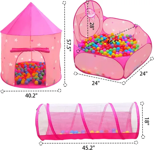 Miniatura 6 de Tienda de campaña de princesa de 3 piezas para niñas con hoyo de bolas para niños, tiendas de campaña para niños y túnel de gateo para niños