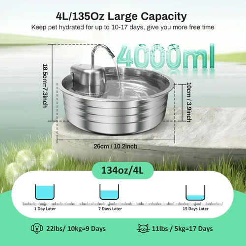 Miniatura 4 de Fuente de agua para gatos, fuente de acero inoxidable para mascotas de 4 L/135 onzas con 3 filtros, dispensador de agua para perros, fuente de agua