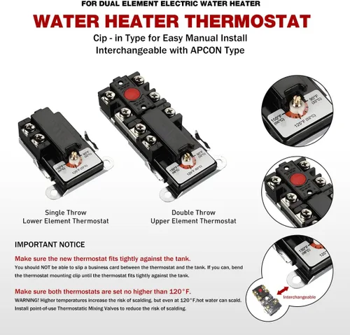 Miniatura 3 de Kit de ajuste del calentador de agua eléctrico, incluye dos elementos de calentador de agua de 4500 W 240 V, termostato superior, termostato EWH-01