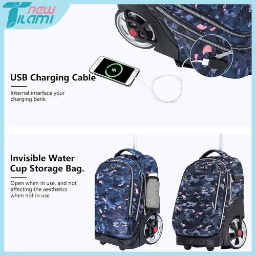 Miniatura 8 de Mochila con ruedas de 19 pulgadas para adolescentes, mochila con ruedas para computadora portátil, mochila para libros, bolsa de viaje