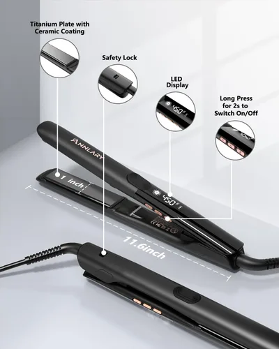 Miniatura 6 de Annlary - Plancha de pelo alisadora de 1 pulgada y rizador de pelo plana de 2 en 1 de titanio y cerámica iónica con voltaje dual, con silicona Negro