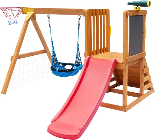Miniatura 7 de Conjuntos de columpios para niños para el patio trasero, juegos de patio de madera para edades de 3-6 con un tobogán de ola, pared de escalada