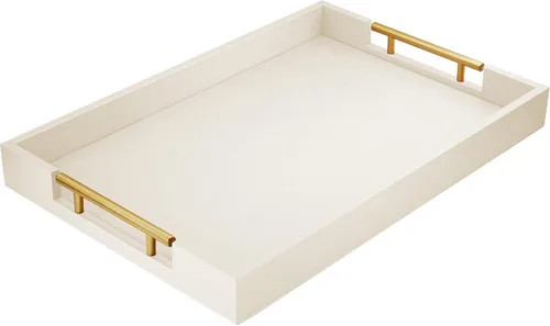 Miniatura 13 de ATZYmolin - Bandeja de servicio de madera de 17" x 12" con asas de metal dorado pulido, bandeja decorativa de madera rectangular para el hogar, Oro
