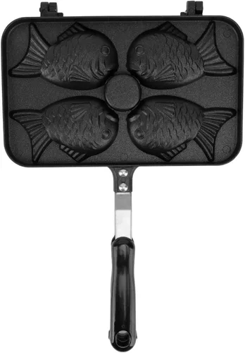 Taiyaki - Máquina para hacer gofres, antiadherente con mango largo, mini molde para pasteles en forma de pez, 4 rejillas Taiyaki con forma de pez,