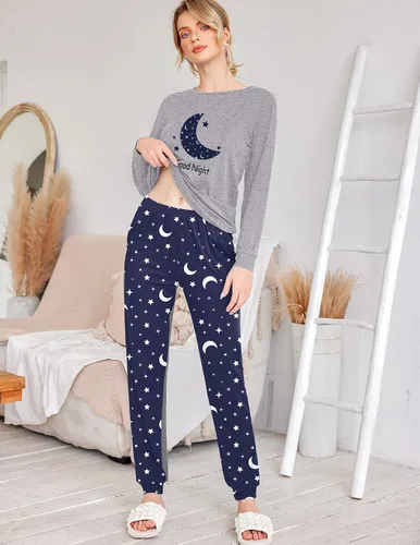 Miniatura 248 de Ekouaer Conjunto de pijama de manga larga para mujer, ropa de dormir suave con cuello redondo y bolsillos