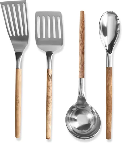 Salt & York Juego de utensilios de cocina, herramientas de cocina de acero inoxidable con asas de madera de olivo hechas a mano, 2 espátulas,