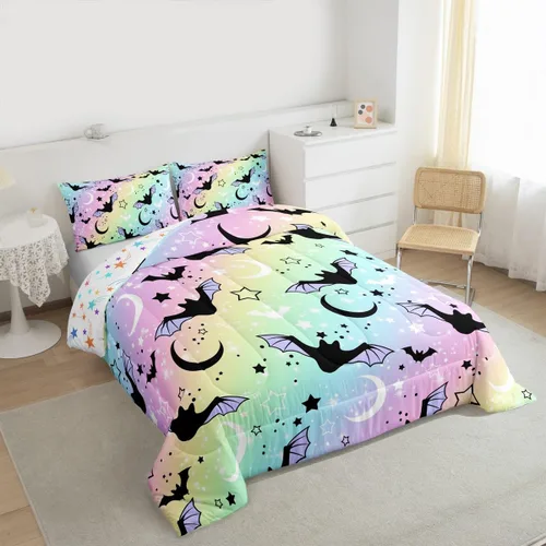 Miniatura 5 de Erosebridal Juego de edredón de murciélago tamaño Queen para niños y niñas, juego de ropa de cama con degradado de arco iris, juego de edredón Multi