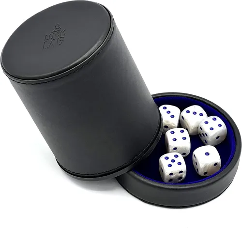 Miniatura 8 de Luck Lab Taza de dados de cuero negro con tapa, incluye 6 dados de perlas a juego, interior de terciopelo azul para agitación silenciosa, uso