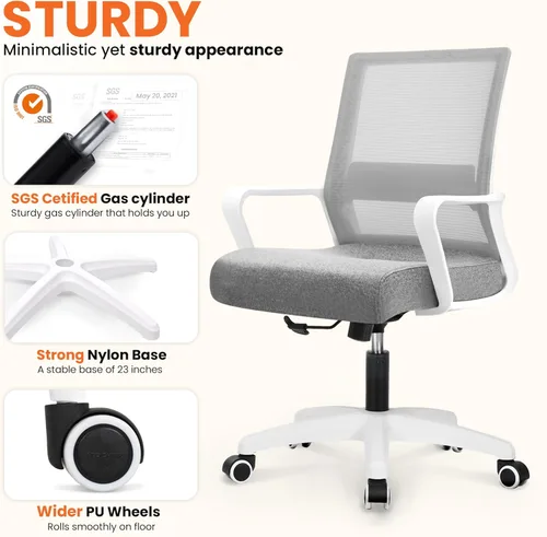 Miniatura 5 de NEO CHAIR Silla de oficina para juegos y computadora de escritorio ergonómica de malla con respaldo medio, soporte lumbar, ruedas, cómoda, Gris