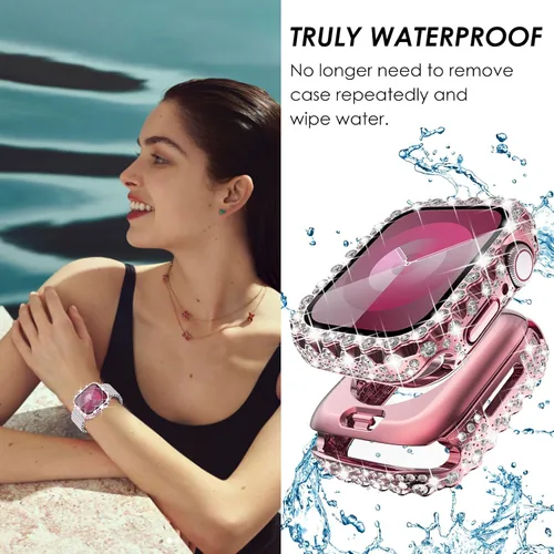 Miniatura 8 de Surace Estuche 2 en 1 impermeable brillante compatible con Apple Watch Series 9/8/7 de 45 mm, protector de pantalla, borde de encaje, diamante