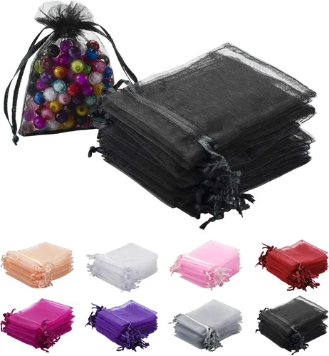100 bolsas de regalo de organza de 2 x 3 pulgadas, bolsas de regalo con cordón transparente negro, bolsas de joyería, bolsas de regalo de boda,