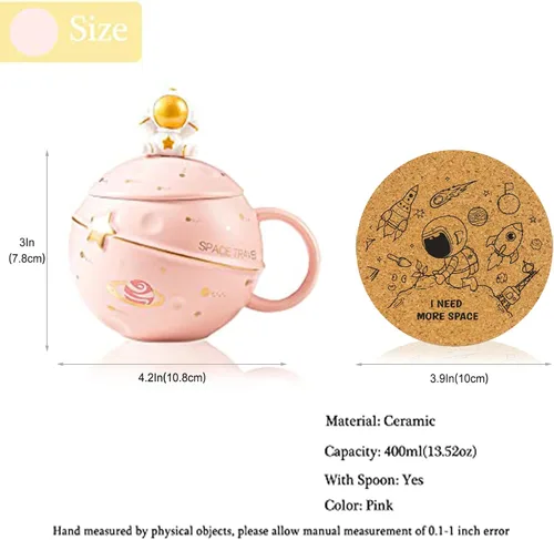 Miniatura 5 de Yalucky Taza Kawaii de astronauta con diseño de planeta en relieve del espacio, bonita taza de café de cerámica, taza novedosa con tapa y cuchara