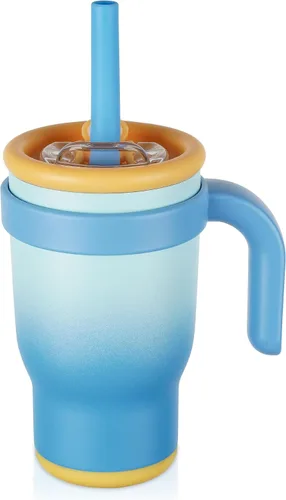 Taza de 14 onzas para niños pequeños con aislamiento al vacío de acero inoxidable con asa, taza a prueba de derrames, pajita a prueba de fugas, taza