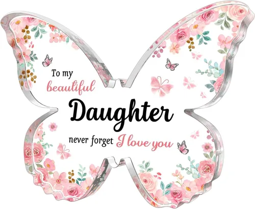 GiftyTrove Regalos para hija de mamá papá, 5 x 3.8 x 0.6 pulgadas, decoración de placa acrílica en forma de mariposa, día de la madre, día de San