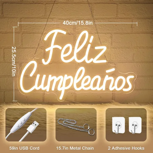 Miniatura 3 de Letrero de neón de Feliz Cumpleaños, letrero de feliz cumpleaños, luz LED de neón española con regulador de intensidad alimentado por USB, letrero