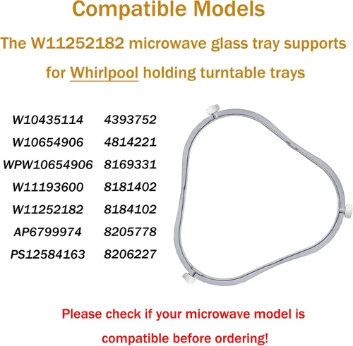 Miniatura 3 de Anillo de soporte de plato giratorio de microondas W11252182 de 7.48 pulgadas para Whirlpool con rodillos, 8206227 para horno de microondas, bandeja