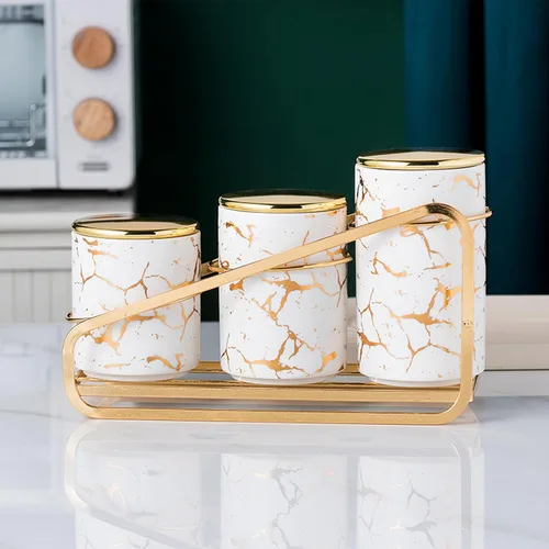 Miniatura 9 de Juego de Recipientes de Cerámica con Patrón Dorado de Metal para Encimera de Cocina - Un Juego de 3 Recipientes de Cocina con Estante Escalonado