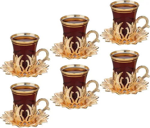 Vasos de té turco vintage hechos a mano con platillo y soportes, tazas otomanas y árabes, juego de 6 para servir a los invitados, té, cena, regalos