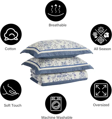Miniatura 6 de PANGUSHAN Colcha de gran tamaño de 102 x 120 pulgadas, 100% algodón, reversible, medallón floral, granja, XL, juego de ropa de cama de gran