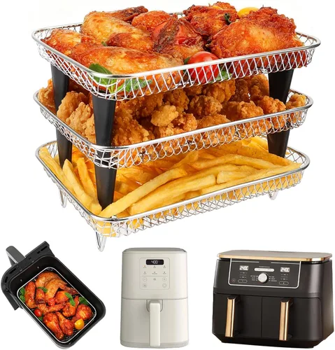 BYKITCHEN Estante para freidora de aire Ninja 8 QT DZ201/SL201 DualZone Airfryer/Bella 4QT Slim Airfryer & More, 3 piezas apilables de acero