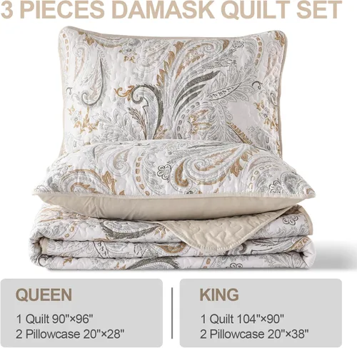 Miniatura 7 de WONGS BEDDING Juego de edredón bohemio tamaño Queen, juego de colcha y cubrecama con estampado floral paisley beige con 2 fundas de almohada, juego