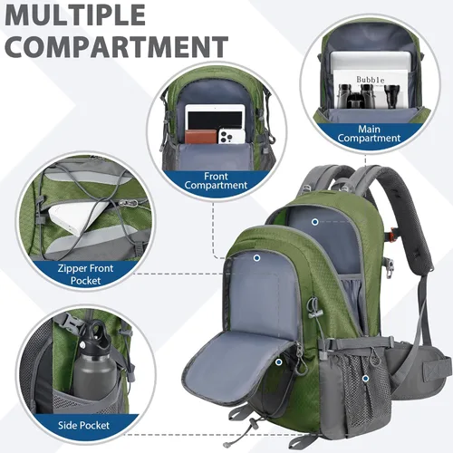 Miniatura 5 de Mochila de senderismo de 30 L, ligera, mochila de viaje pequeña para hombres y mujeres, para acampar al aire libre, mochilero, verde militar