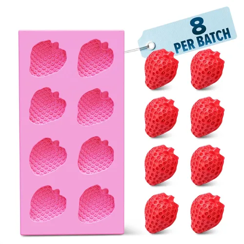 Molde de silicona de fresa – Molde de fresa de grado alimenticio, bandeja de silicona rosa de 4.2 x 2.2 pulgadas con 8 cavidades – Utensilios Molde